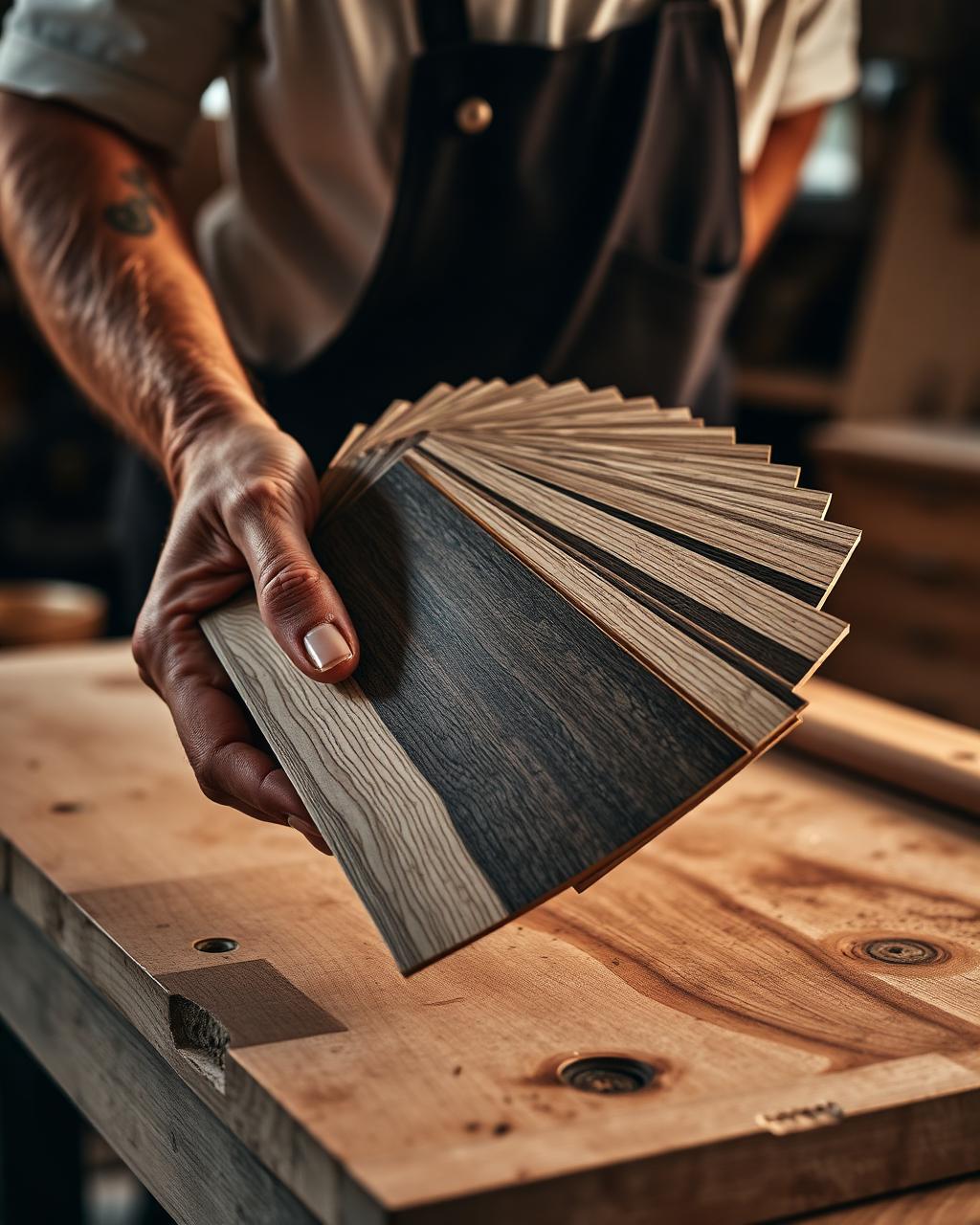 Choose Wood Material — Select from hundreds of calibrated species, veneers and finishes — or upload your own supplier texture.