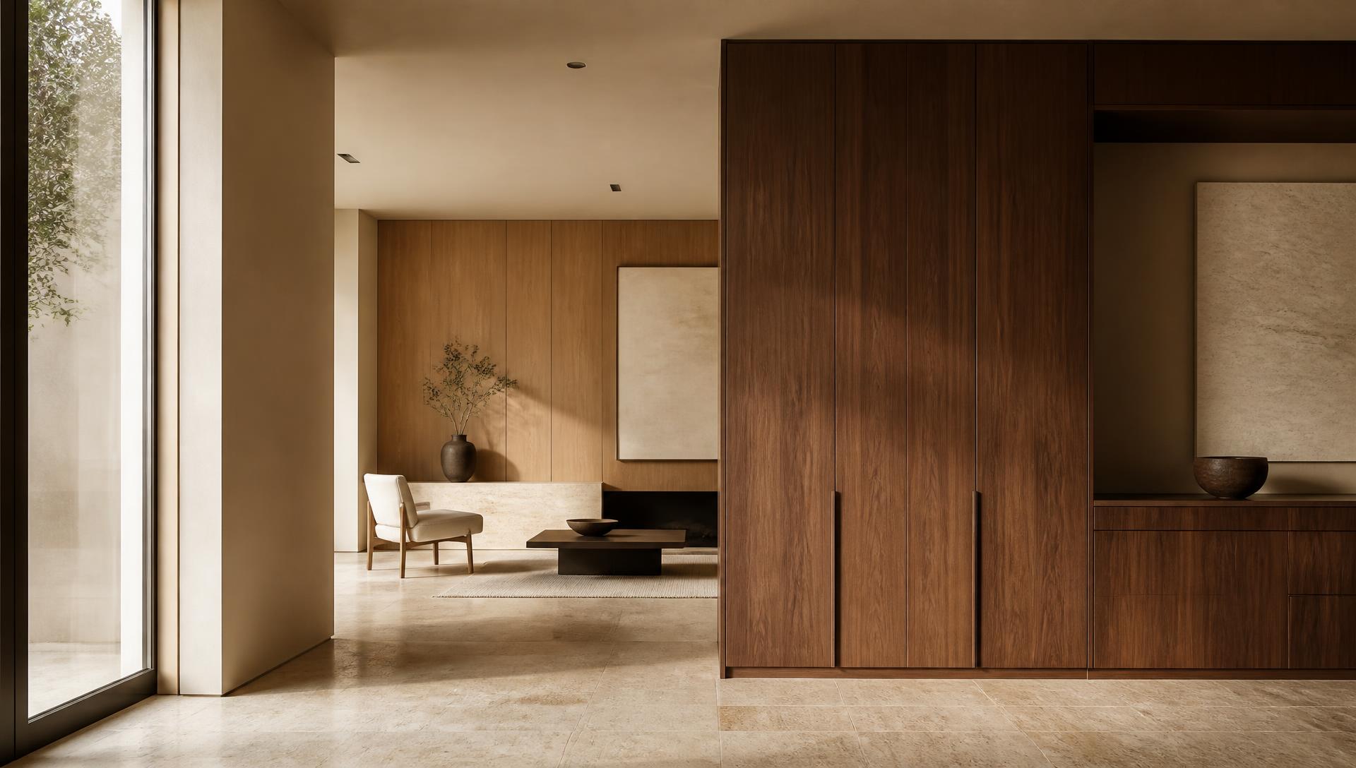 Luxury minimal interior with oak and walnut joinery