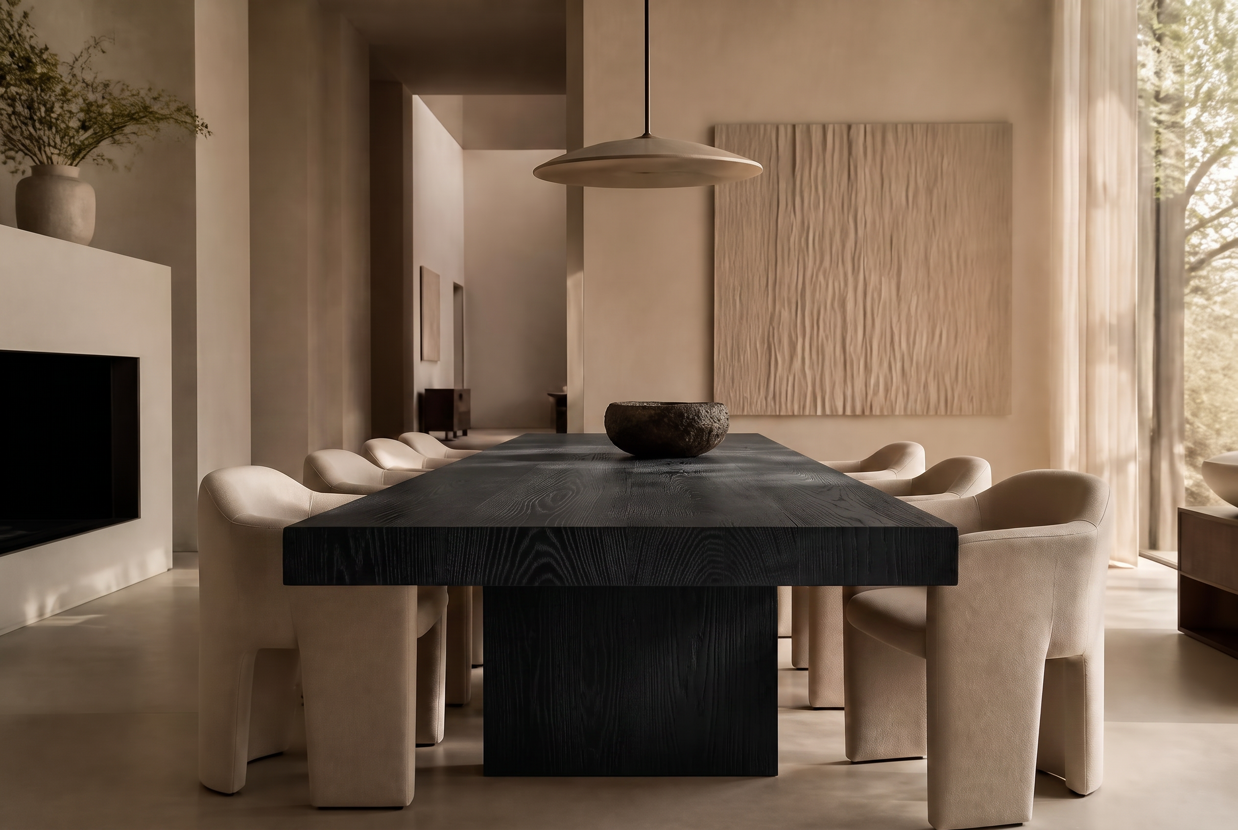 Architectural dining interior with the same table rendered in Black Ash