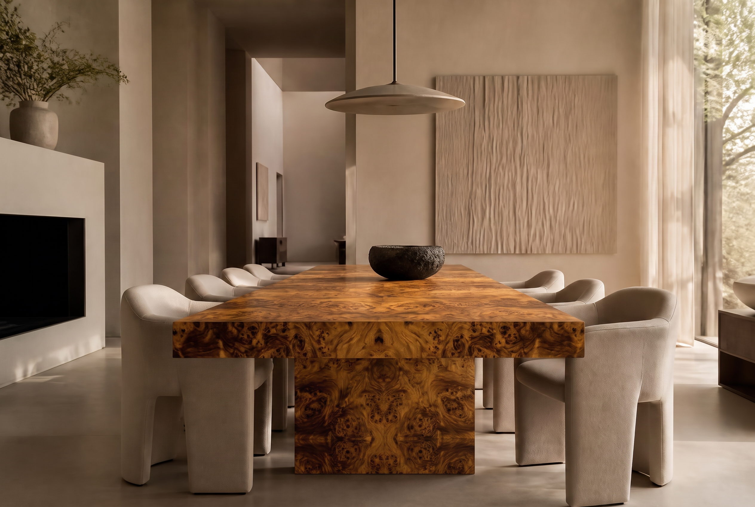 Architectural dining interior with the same table rendered in Custom Wood Texture