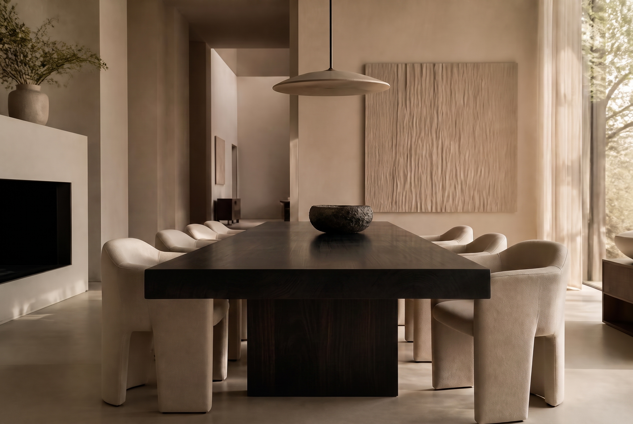 Architectural dining interior with the same table rendered in Ebony
