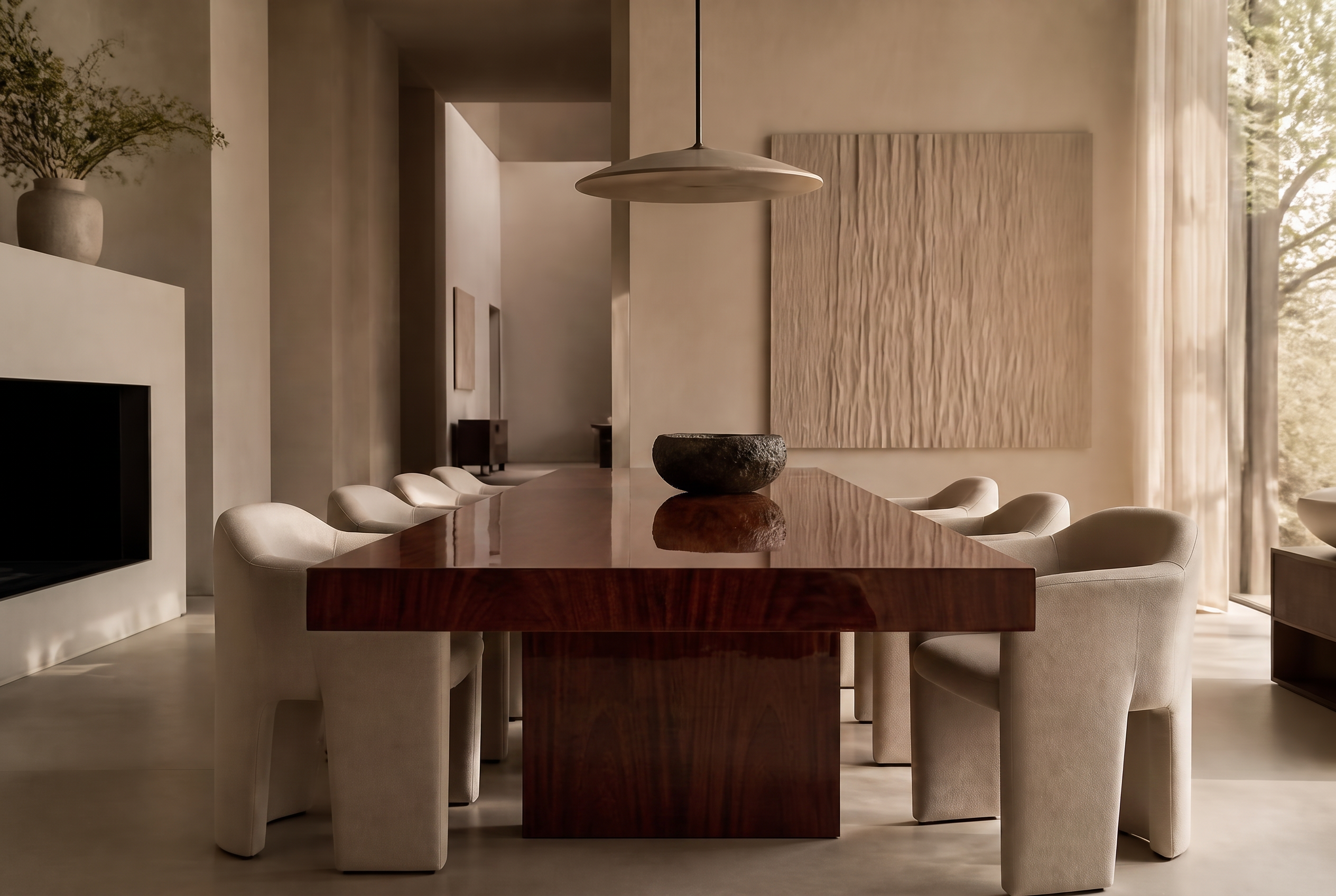 Architectural dining interior with the same table rendered in Mahogany