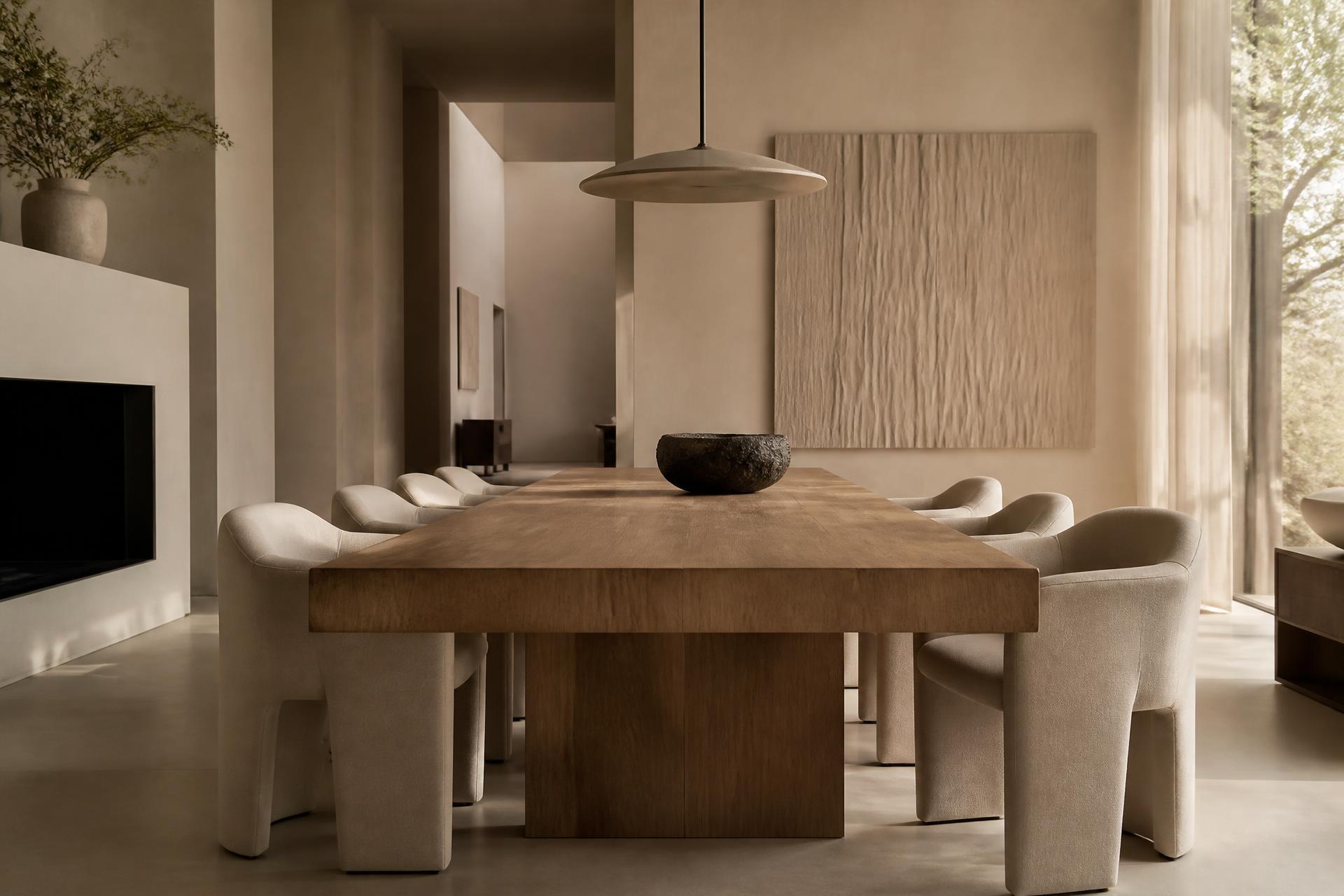 Architectural dining interior with the same table rendered in Natural Oak