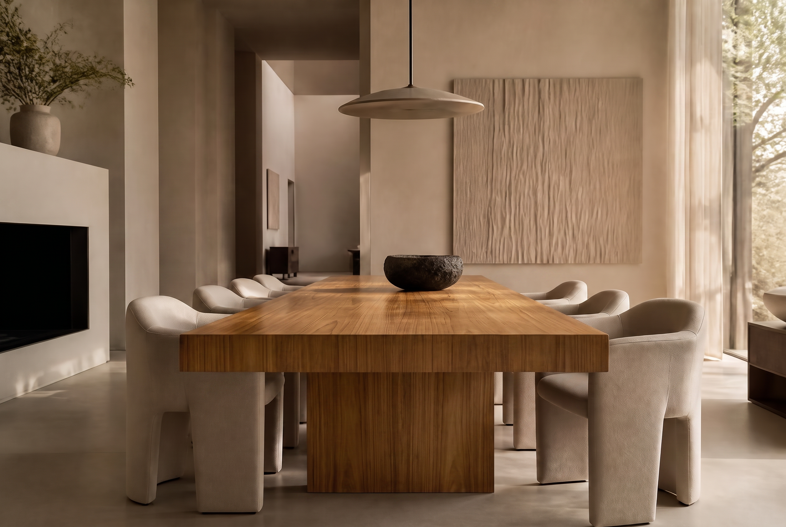 Architectural dining interior with the same table rendered in Teak